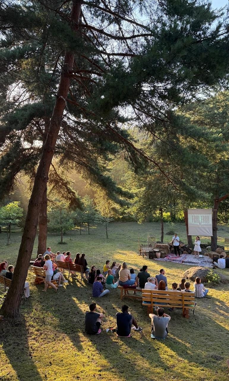 Вечірнє коло Feel Free Camp у соснах на заході сонця